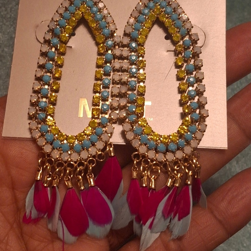 Mixit Austrian Crystal Dangling Earrings with Feathers